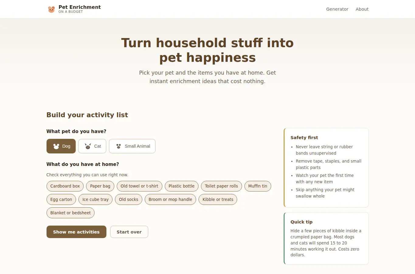 Screenshot of Pet Enrichment on a Budget interface showing the project page in use
